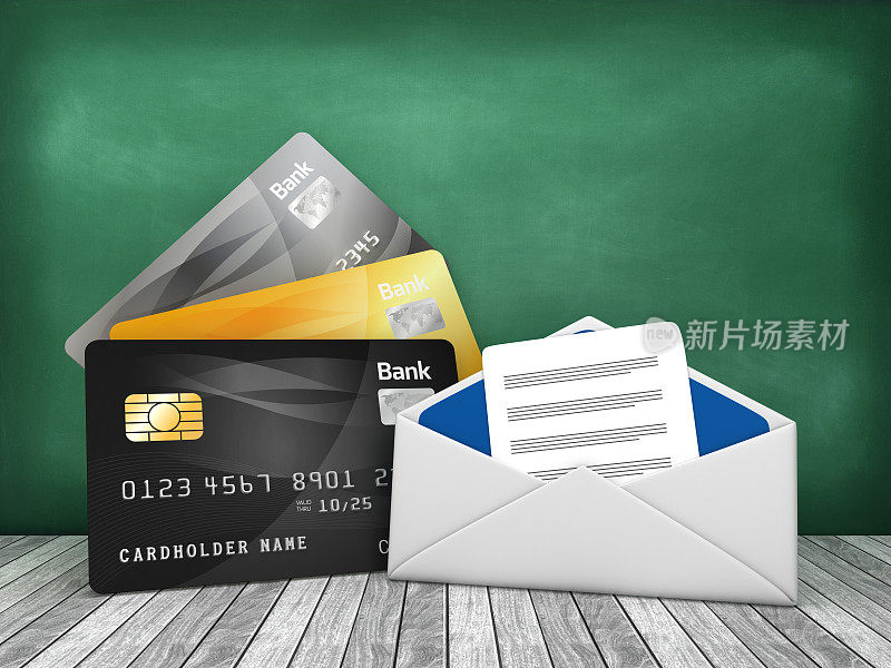 信用卡与信封在黑板上- 3D渲染